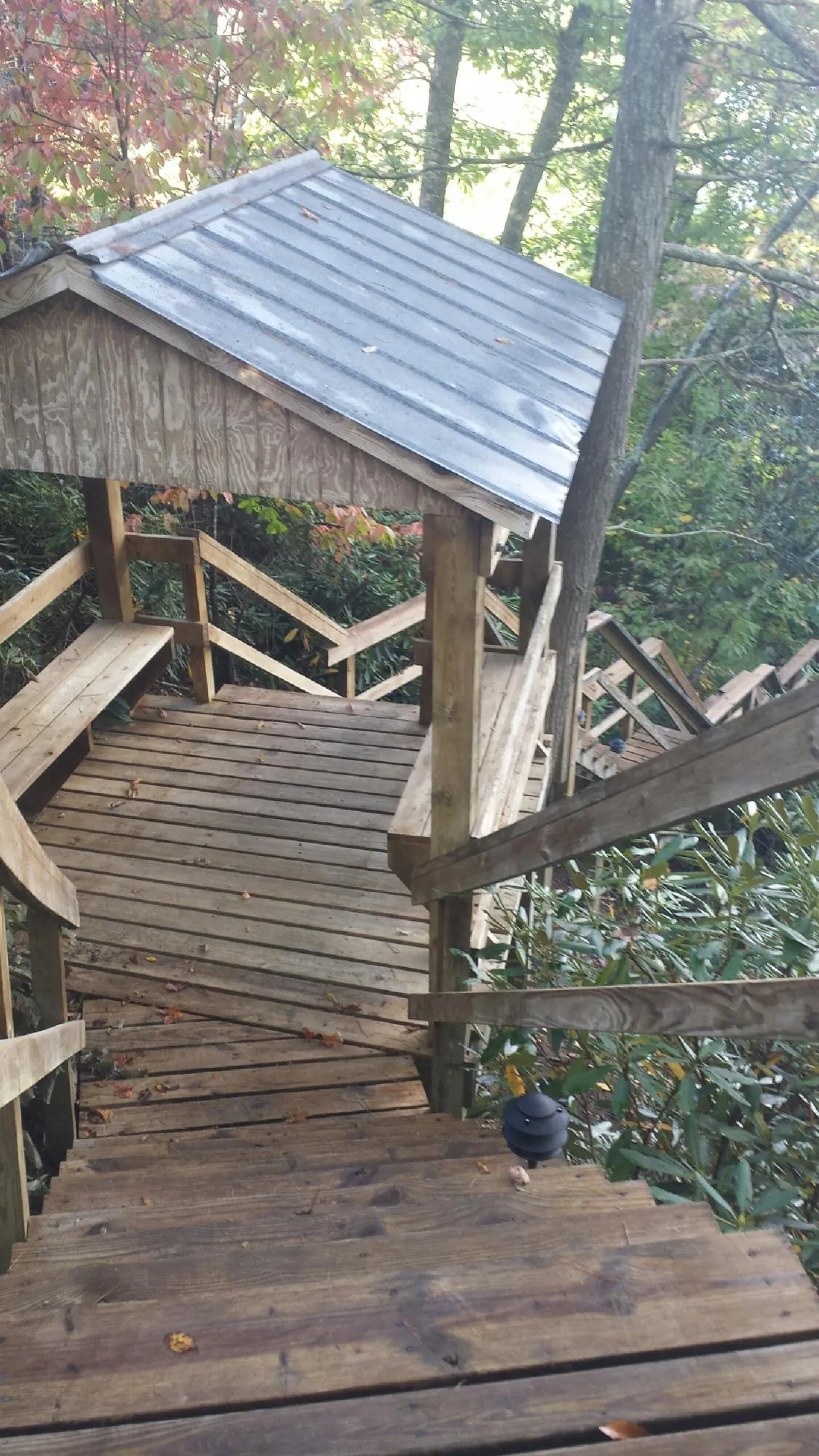 Metal roofed shelter over wooden steps on a wooded walkway — Skylight Repair & Installation work by our crew in Indianola